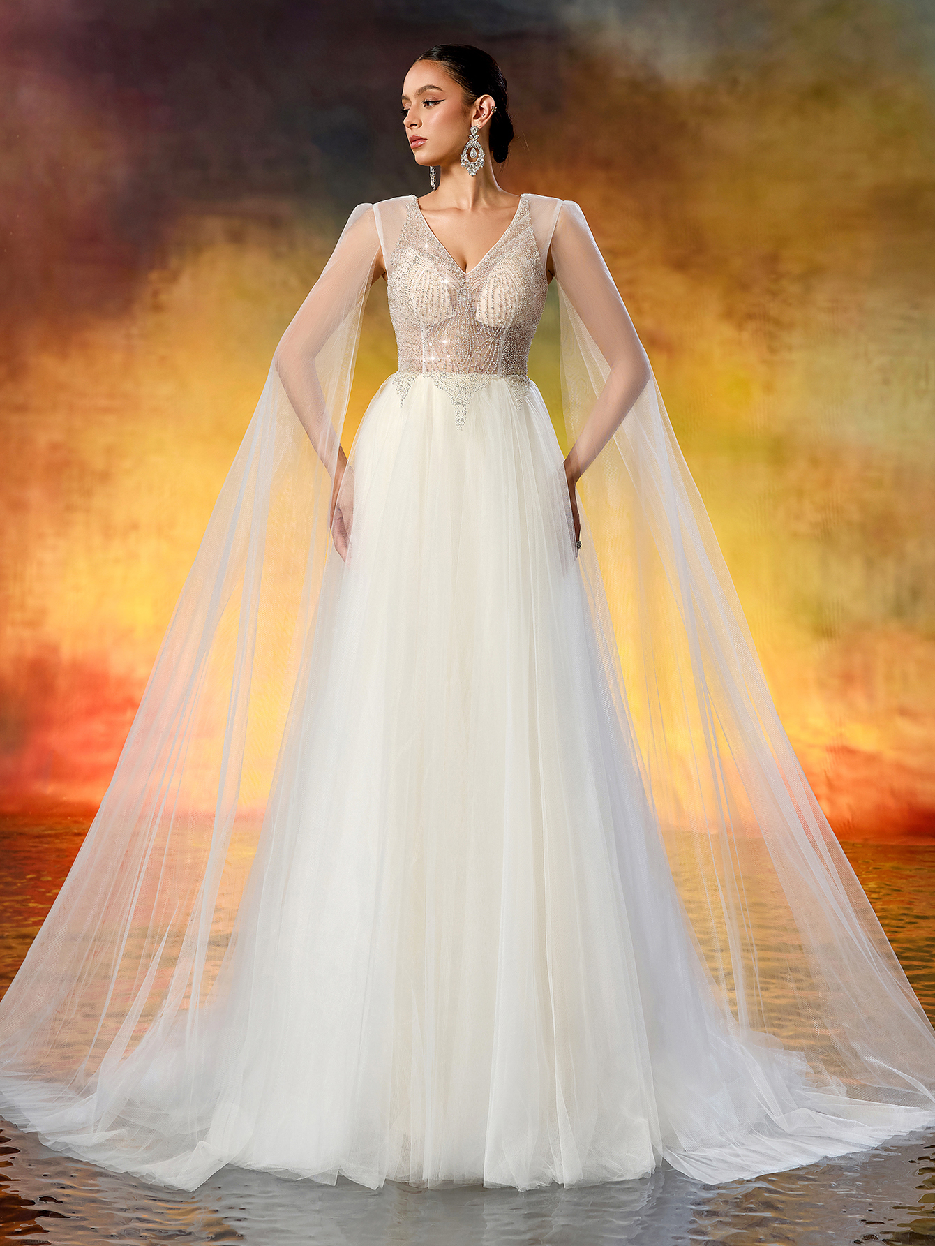 Elegant V-Neck Beaded Embroidery Wedding Dress - Sheer Long Flowing Sleeves & A-Line Tulle