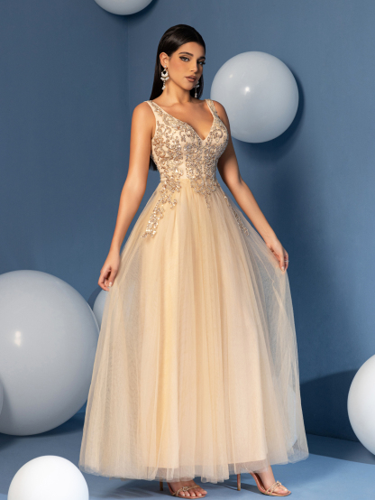 Modecrush Women's Elegant V-Neck Sequin Mesh Dress Solid Color Formal Evening Prom Wedding Guest Gown,Party Dress, Wedding Dress, Formal Dress, Evening Dress, Birthday Women Outfits, Graduation Dress?CSummer Wedding Bridesmaids