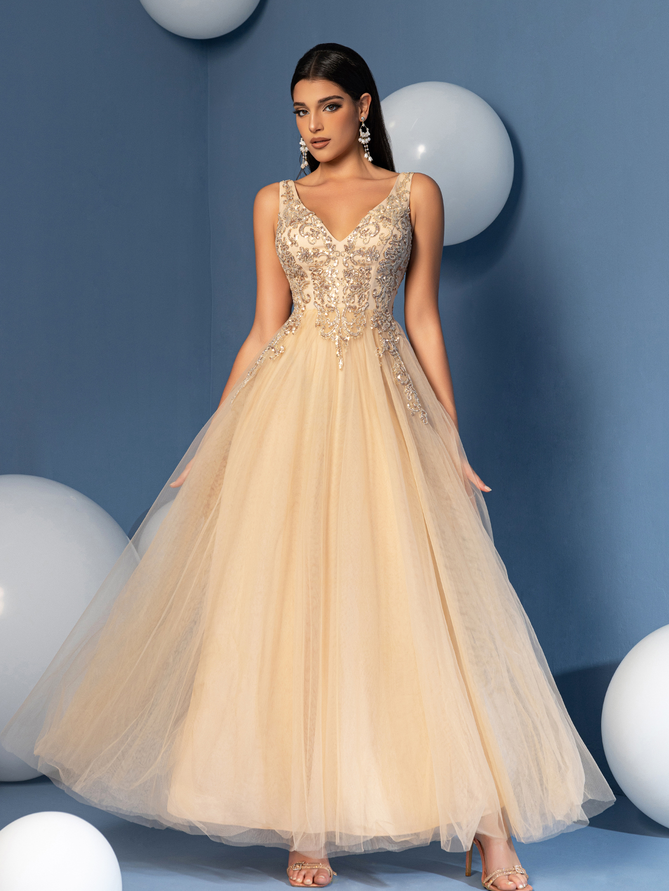 Modecrush Women's Elegant V-Neck Sequin Mesh Dress Solid Color Formal Evening Prom Wedding Guest Gown,Party Dress, Wedding Dress, Formal Dress, Evening Dress, Birthday Women Outfits, Graduation Dress?CSummer Wedding Bridesmaids