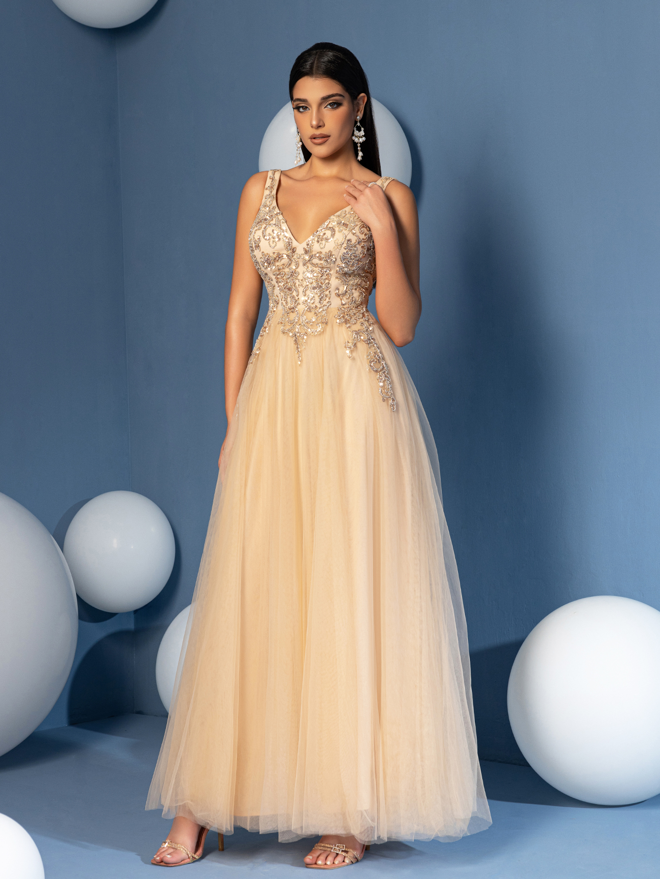 Modecrush Women's Elegant V-Neck Sequin Mesh Dress Solid Color Formal Evening Prom Wedding Guest Gown,Party Dress, Wedding Dress, Formal Dress, Evening Dress, Birthday Women Outfits, Graduation Dress?CSummer Wedding Bridesmaids