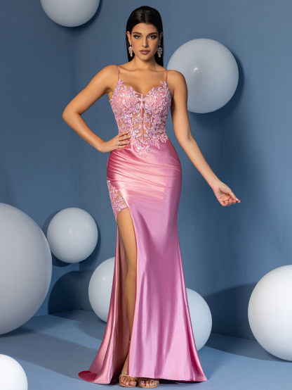 Modecrush Applique Sheath Spaghetti Split Thight Sweetheart Prom Dress Sparkling Sequin Applique Embroidered Gown Spring New Party Dress Prom Dress Cocktail Dress