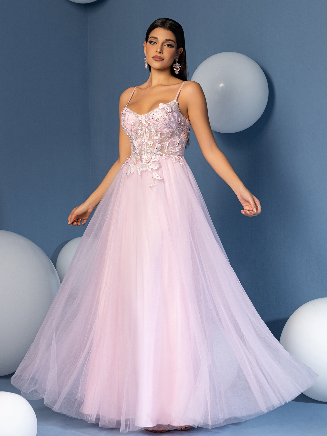 Modecrush Light Pink Tulle Spaghetti - Strap Gown, 3D Floral Embroidered Corset, Large Skirt Ideal for Romantic, Dreamy and Girly Occasions like Galas and Balls