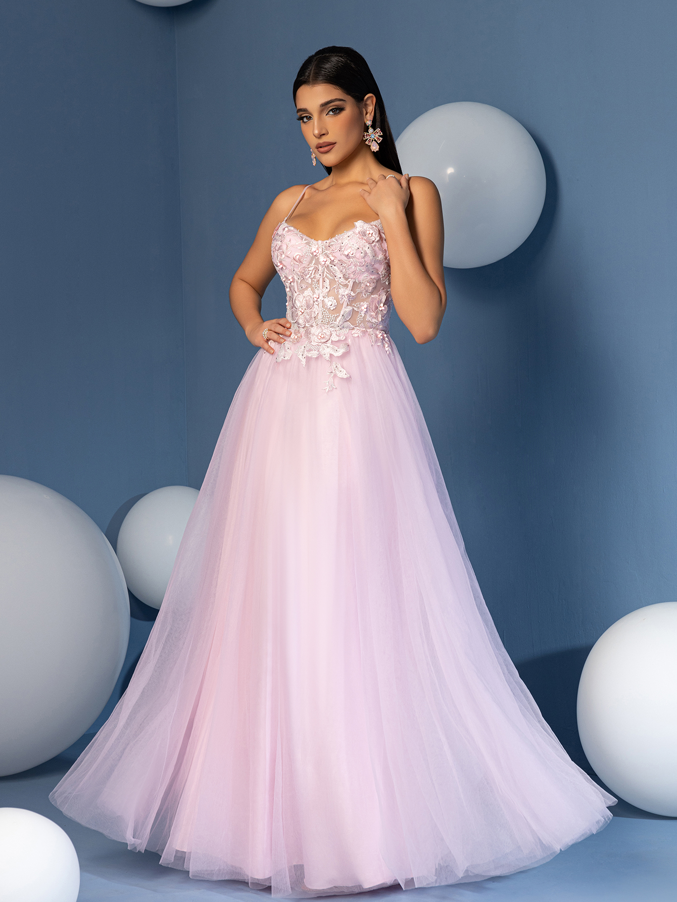 Modecrush Light Pink Tulle Spaghetti - Strap Gown, 3D Floral Embroidered Corset, Large Skirt Ideal for Romantic, Dreamy and Girly Occasions like Galas and Balls