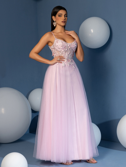 Modecrush Light Pink Tulle Spaghetti - Strap Gown, 3D Floral Embroidered Corset, Large Skirt Ideal for Romantic, Dreamy and Girly Occasions like Galas and Balls