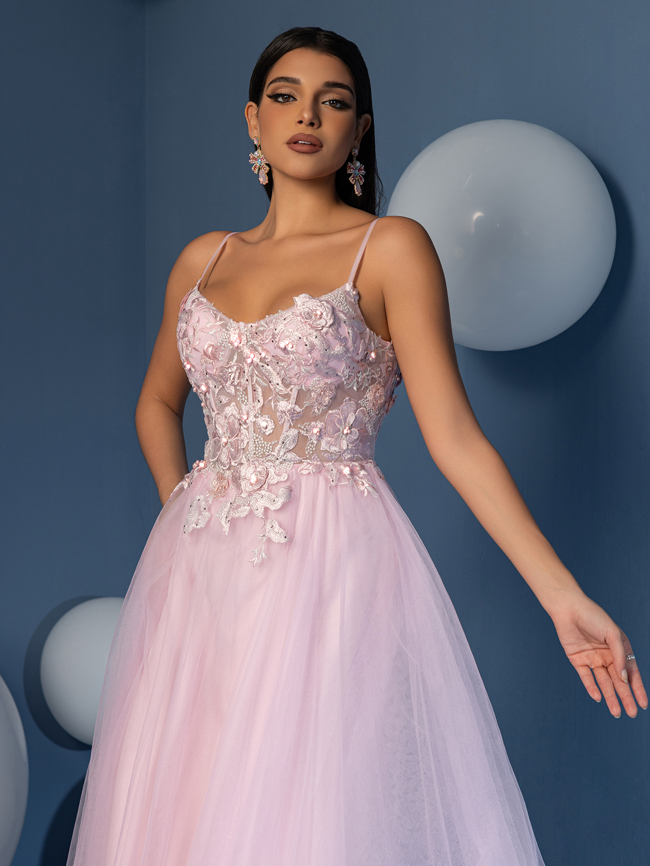 Modecrush Light Pink Tulle Spaghetti - Strap Gown, 3D Floral Embroidered Corset, Large Skirt Ideal for Romantic, Dreamy and Girly Occasions like Galas and Balls