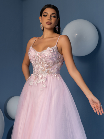 Modecrush Light Pink Tulle Spaghetti - Strap Gown, 3D Floral Embroidered Corset, Large Skirt Ideal for Romantic, Dreamy and Girly Occasions like Galas and Balls