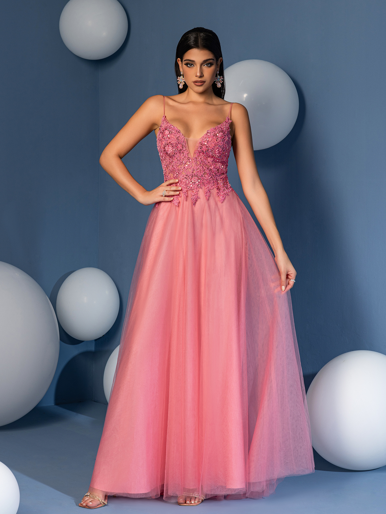 Modecrush Elegant Spaghetti Strap A-Line Long Gown with Embroidered Lace Applique & Sheer Tulle Skirt - Perfect for Weddings, Parties, Birthdays, Graduations