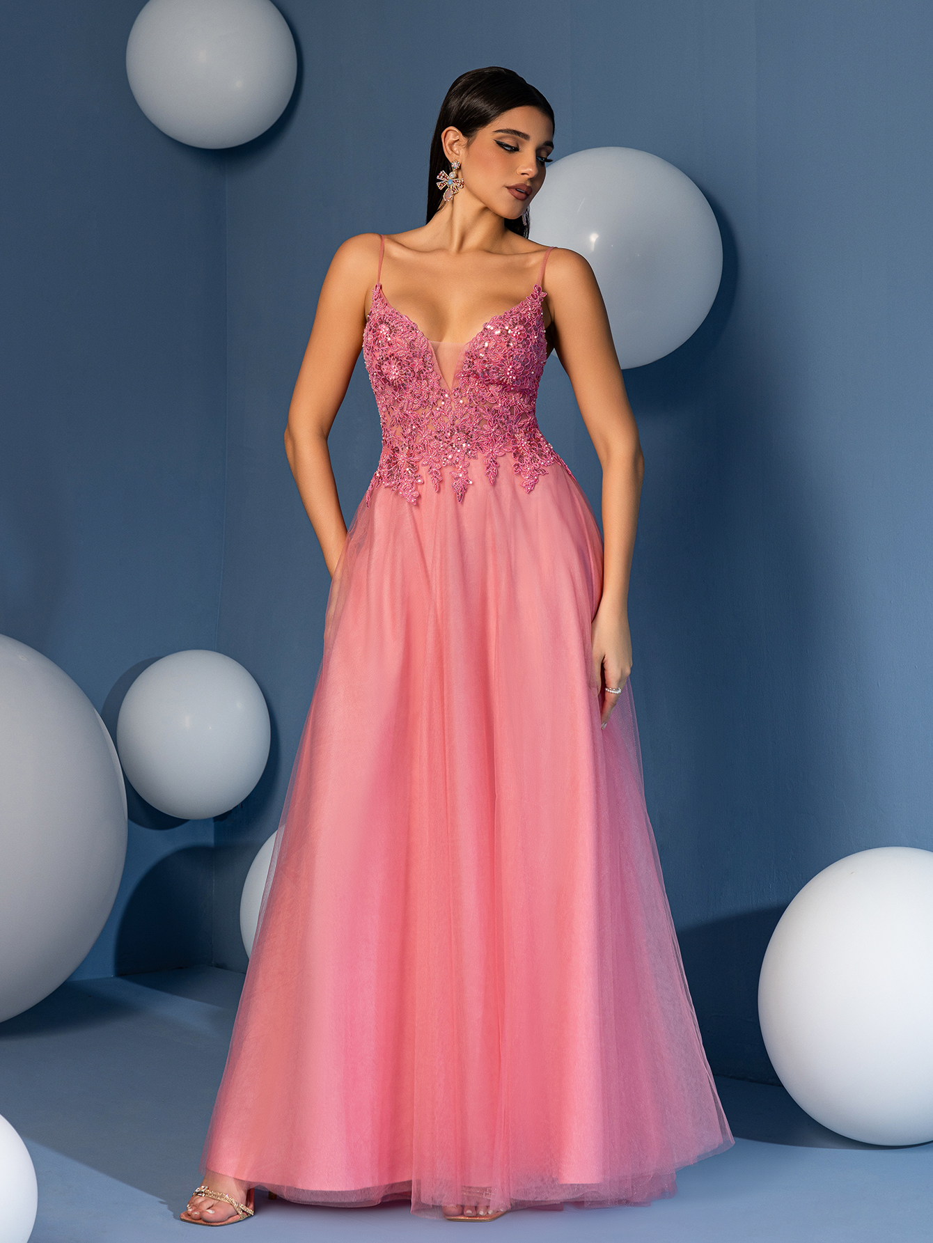 Modecrush Elegant Spaghetti Strap A-Line Long Gown with Embroidered Lace Applique & Sheer Tulle Skirt - Perfect for Weddings, Parties, Birthdays, Graduations