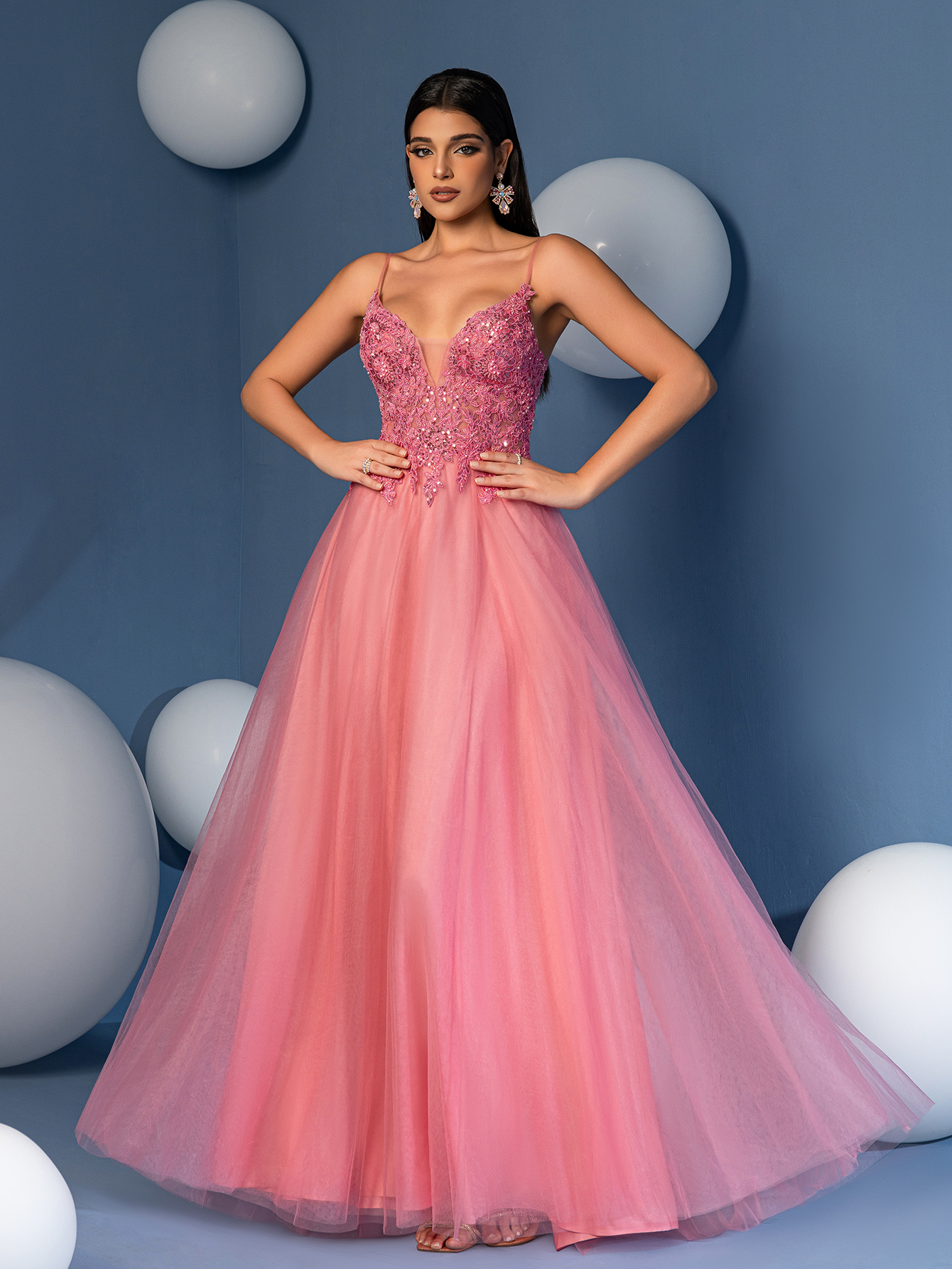 Modecrush Elegant Spaghetti Strap A-Line Long Gown with Embroidered Lace Applique & Sheer Tulle Skirt - Perfect for Weddings, Parties, Birthdays, Graduations