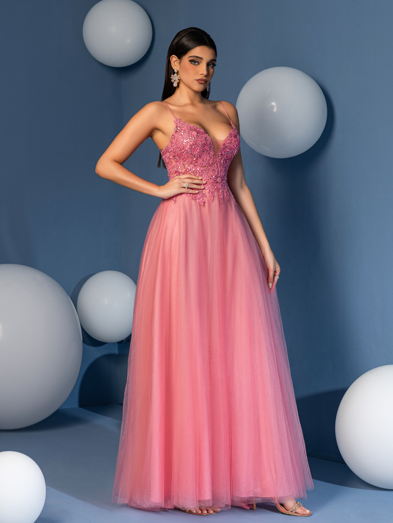 Modecrush Elegant Spaghetti Strap A-Line Long Gown with Embroidered Lace Applique & Sheer Tulle Skirt - Perfect for Weddings, Parties, Birthdays, Graduations