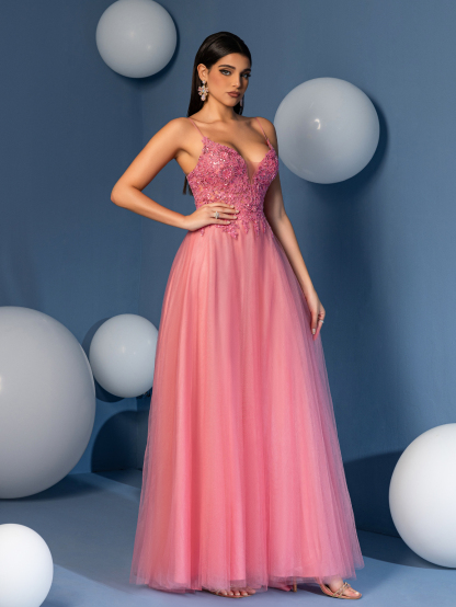 Modecrush Elegant Spaghetti Strap A-Line Long Gown with Embroidered Lace Applique & Sheer Tulle Skirt - Perfect for Weddings, Parties, Birthdays, Graduations