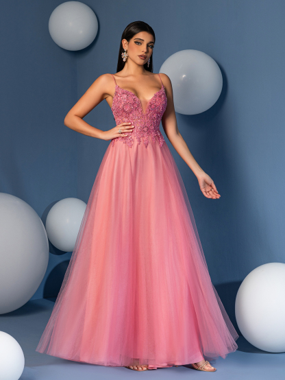 Modecrush Elegant Spaghetti Strap A-Line Long Gown with Embroidered Lace Applique & Sheer Tulle Skirt - Perfect for Weddings, Parties, Birthdays, Graduations