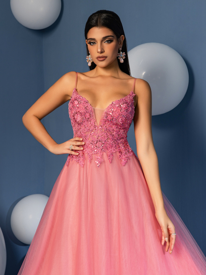 Modecrush Elegant Spaghetti Strap A-Line Long Gown with Embroidered Lace Applique & Sheer Tulle Skirt - Perfect for Weddings, Parties, Birthdays, Graduations