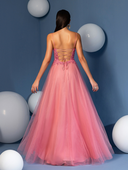 Modecrush Elegant Spaghetti Strap A-Line Long Gown with Embroidered Lace Applique & Sheer Tulle Skirt - Perfect for Weddings, Parties, Birthdays, Graduations