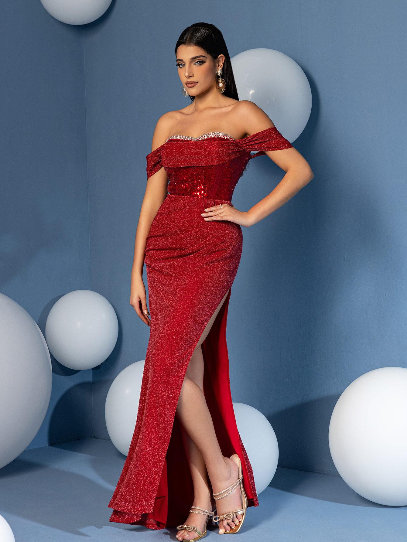 Modecrush Sheath Off The Shoulder Ruffle Sequin Strapless Prom Dress