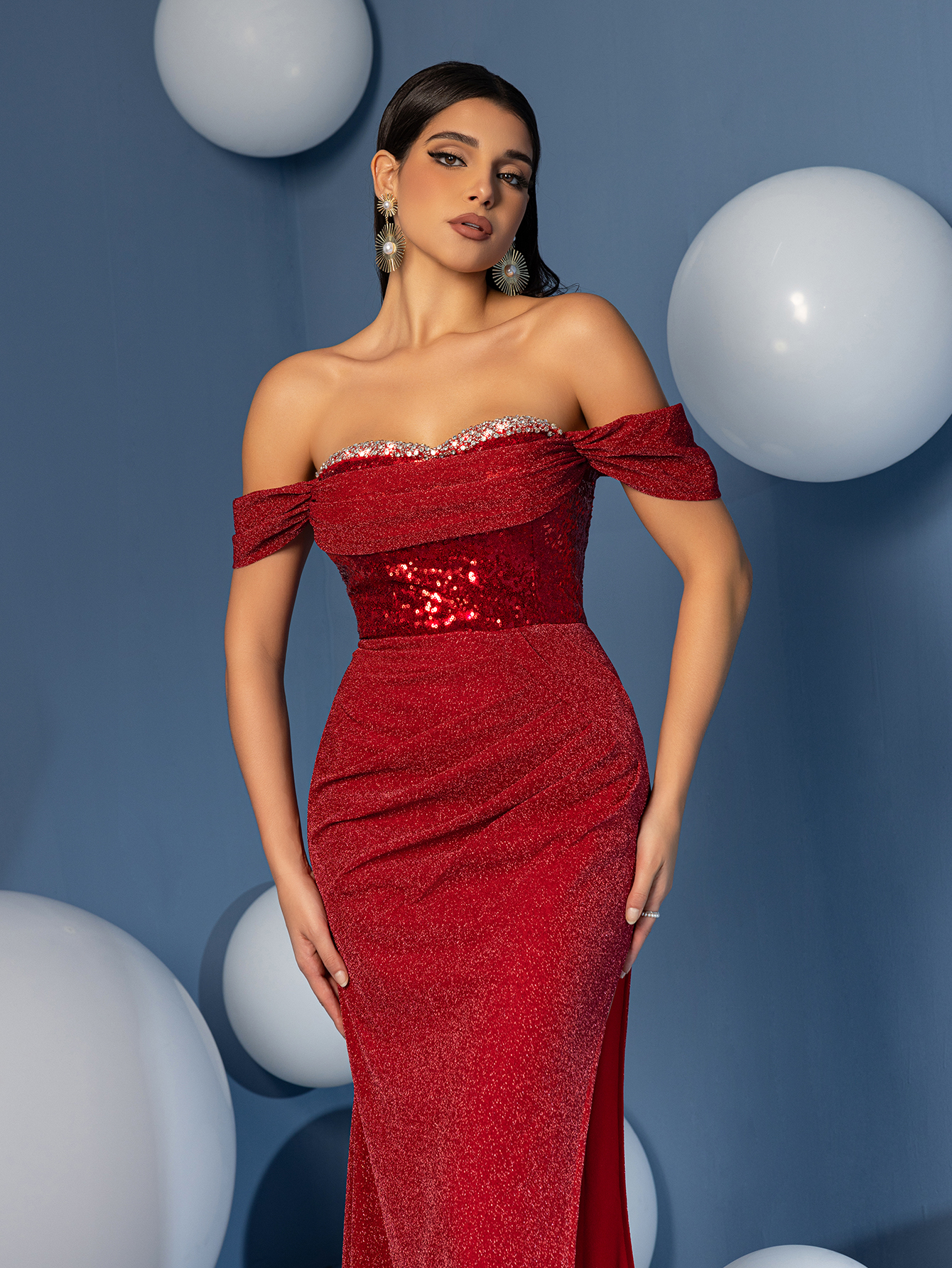 Modecrush Sheath Off The Shoulder Ruffle Sequin Strapless Prom Dress