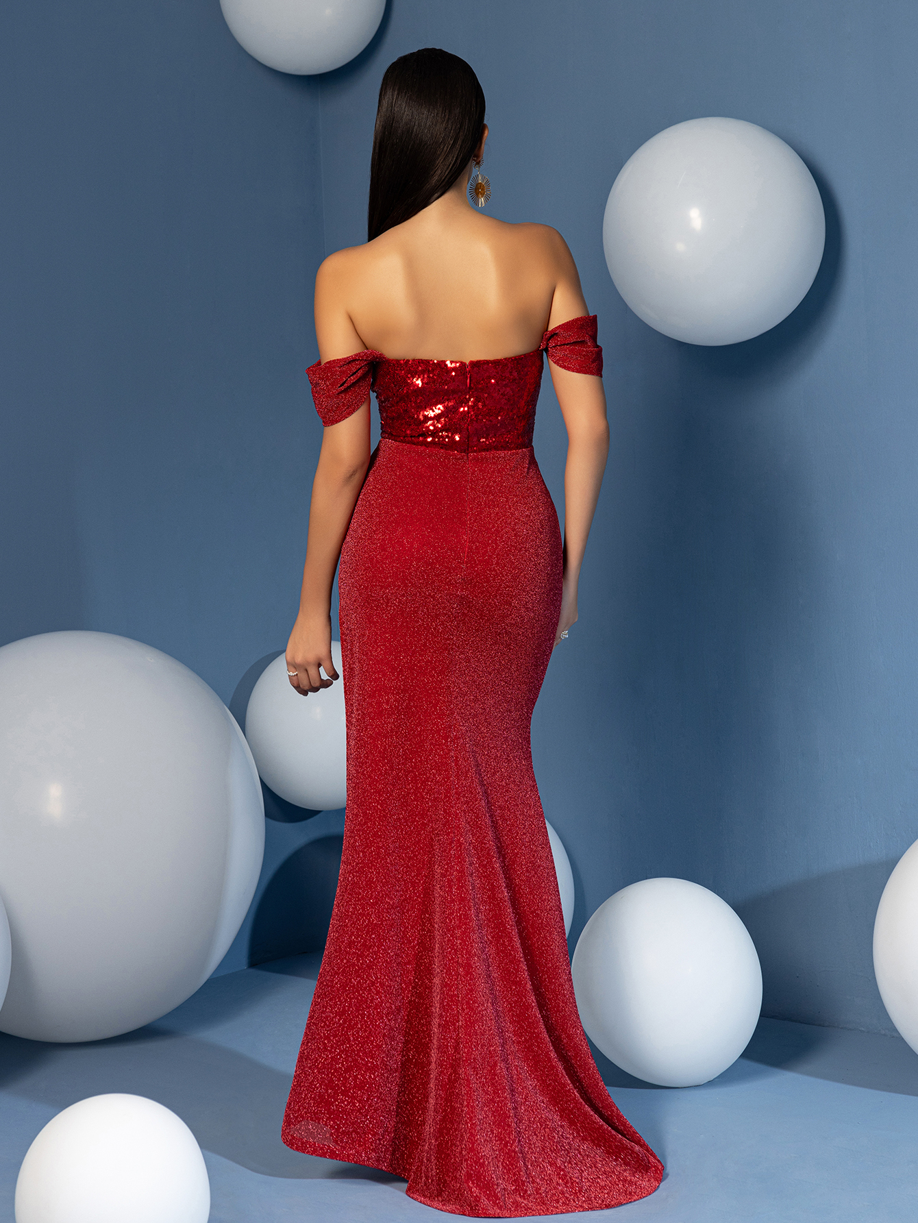 Modecrush Sheath Off The Shoulder Ruffle Sequin Strapless Prom Dress