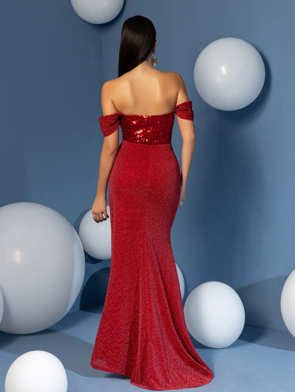 Modecrush Sheath Off The Shoulder Ruffle Sequin Strapless Prom Dress