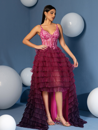 Modecrush A Line V Neck High Low Gradient Ruffle Skirt Prom Homecoming Dress