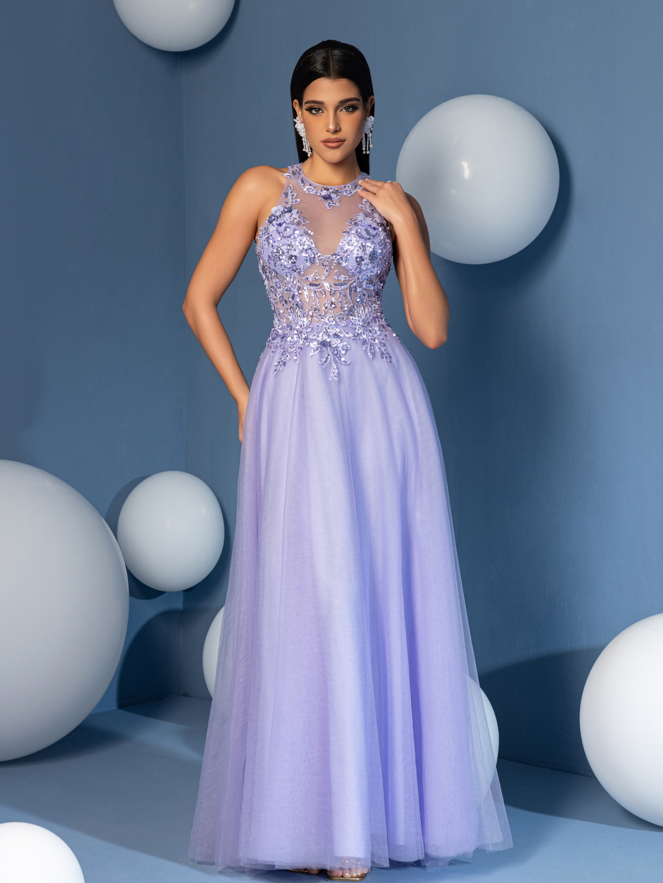 Modecrush Illusion Halter Neck A-Line Gown with 3D Flower Details