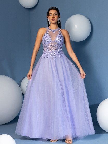 Modecrush Illusion Halter Neck A-Line Gown with 3D Flower Details