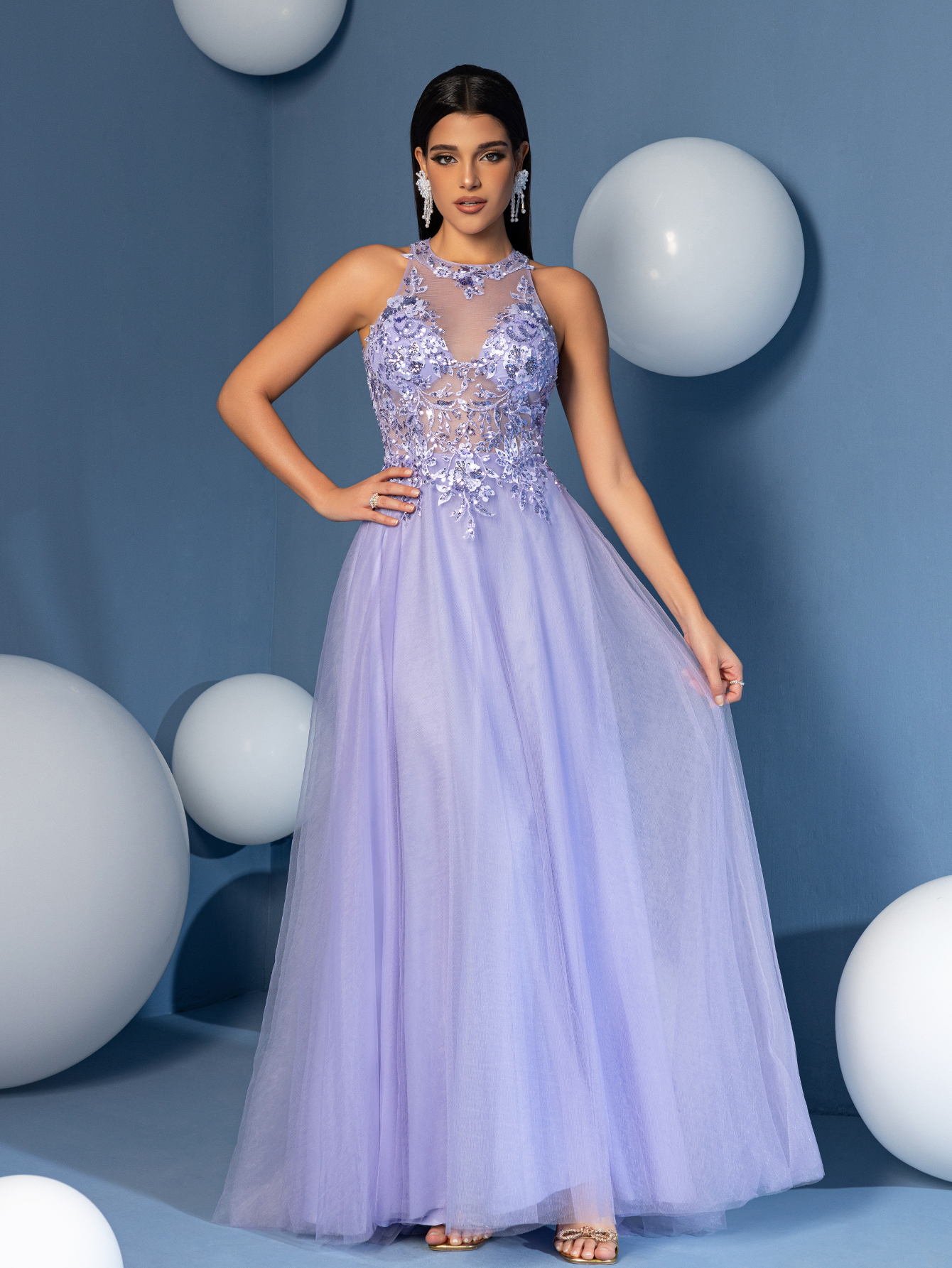 Modecrush Illusion Halter Neck A-Line Gown with 3D Flower Details