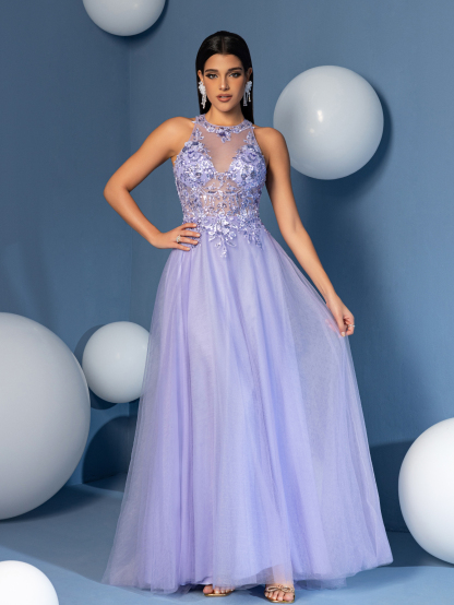 Modecrush Illusion Halter Neck A-Line Gown with 3D Flower Details