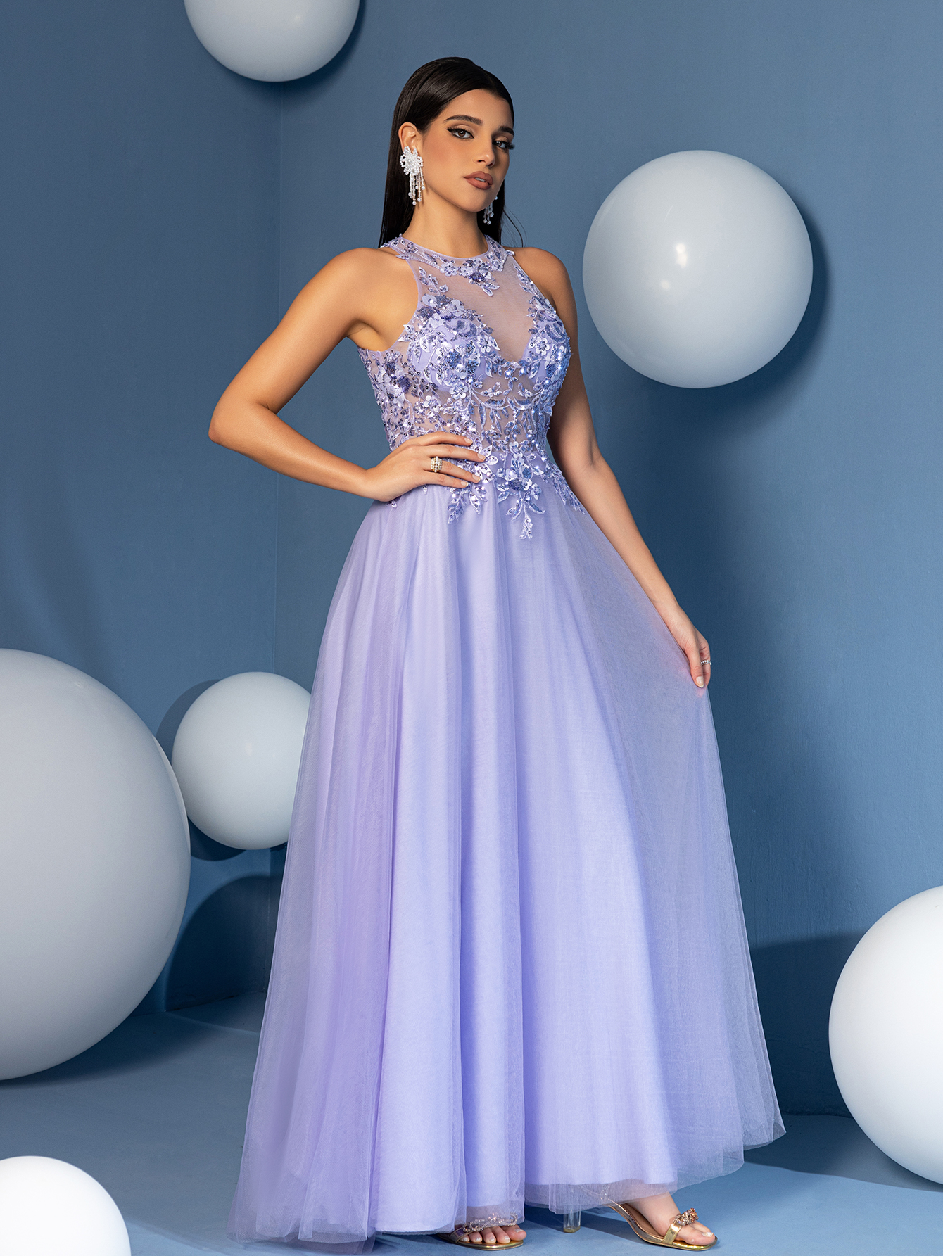 Modecrush Illusion Halter Neck A-Line Gown with 3D Flower Details