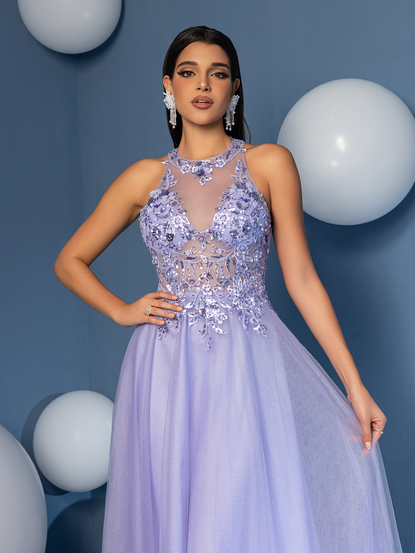 Modecrush Illusion Halter Neck A-Line Gown with 3D Flower Details