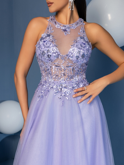 Modecrush Illusion Halter Neck A-Line Gown with 3D Flower Details