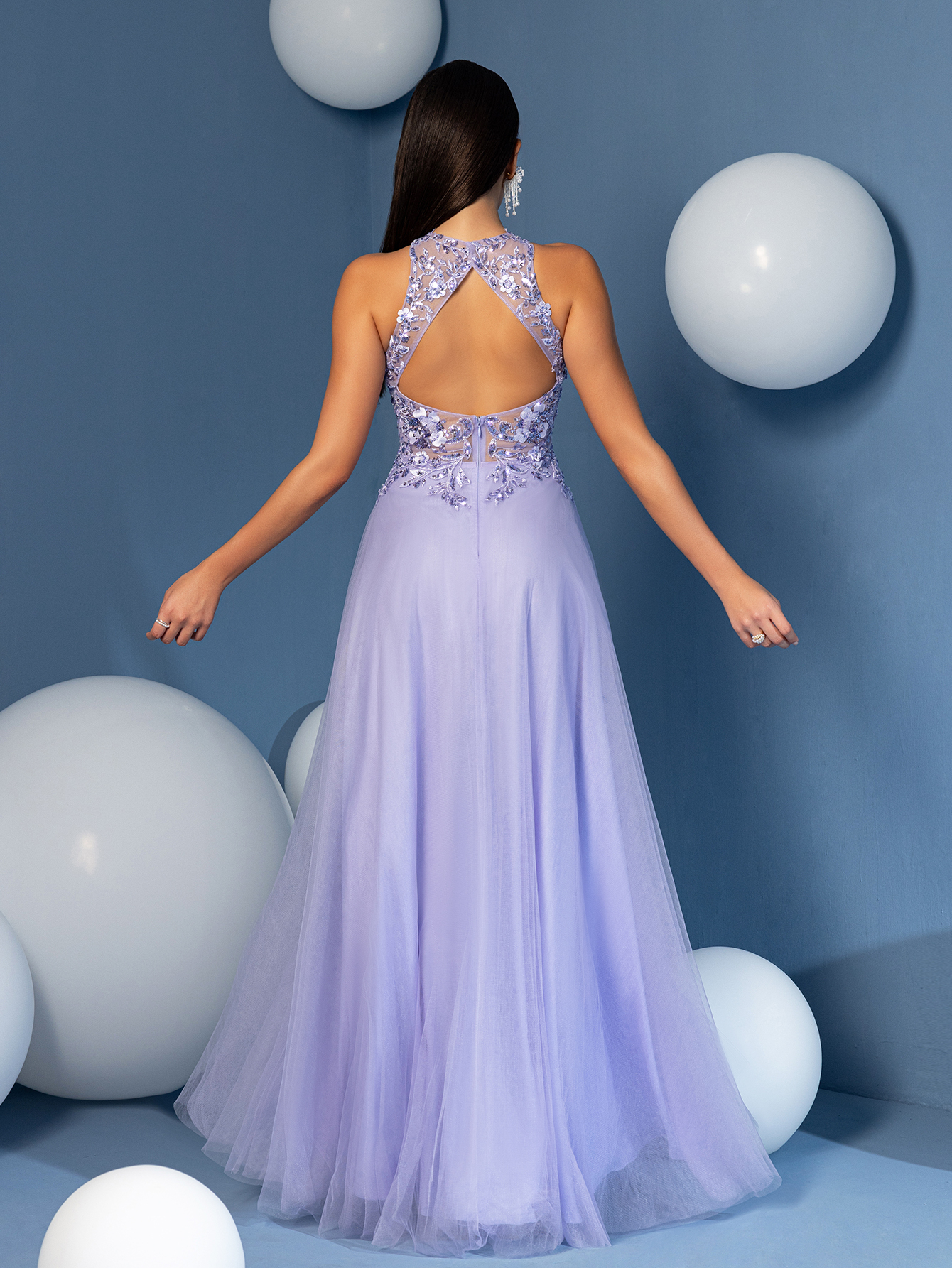 Modecrush Illusion Halter Neck A-Line Gown with 3D Flower Details