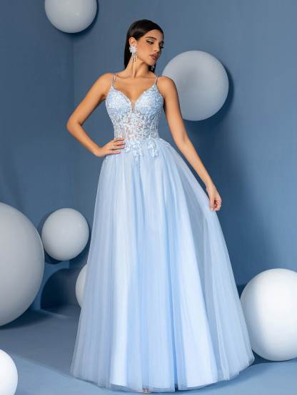 Modecrush A Line Sweetheart Neck Applique Evening Prom Dress Spaghetti Tulle Lace Up Party Dress