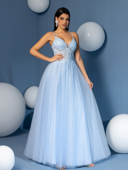 Modecrush A Line Sweetheart Neck Applique Evening Prom Dress Spaghetti Tulle Lace Up Party Dress