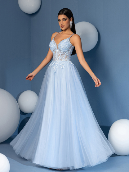 Modecrush A Line Sweetheart Neck Applique Evening Prom Dress Spaghetti Tulle Lace Up Party Dress