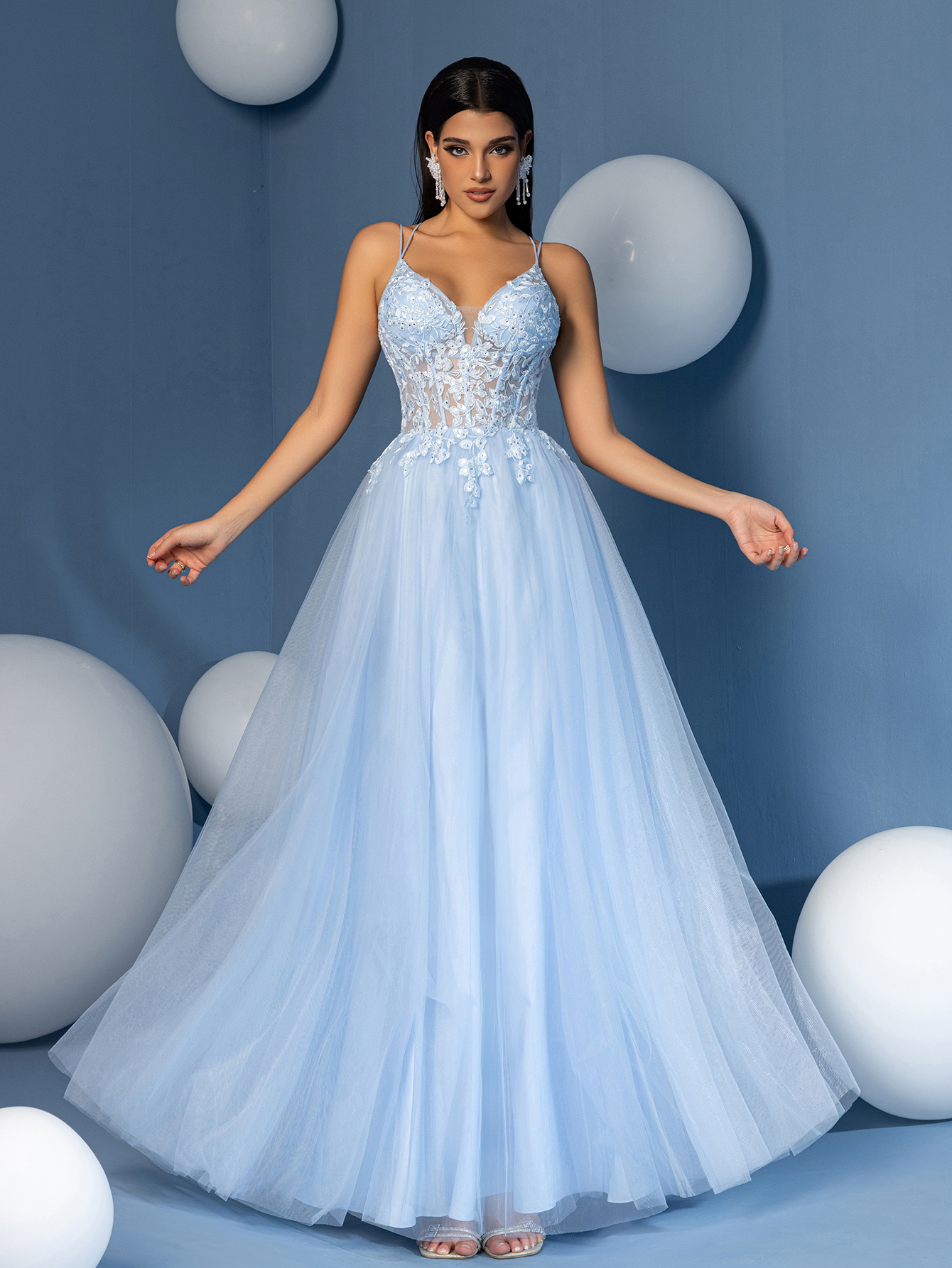 Modecrush A Line Sweetheart Neck Applique Evening Prom Dress Spaghetti Tulle Lace Up Party Dress