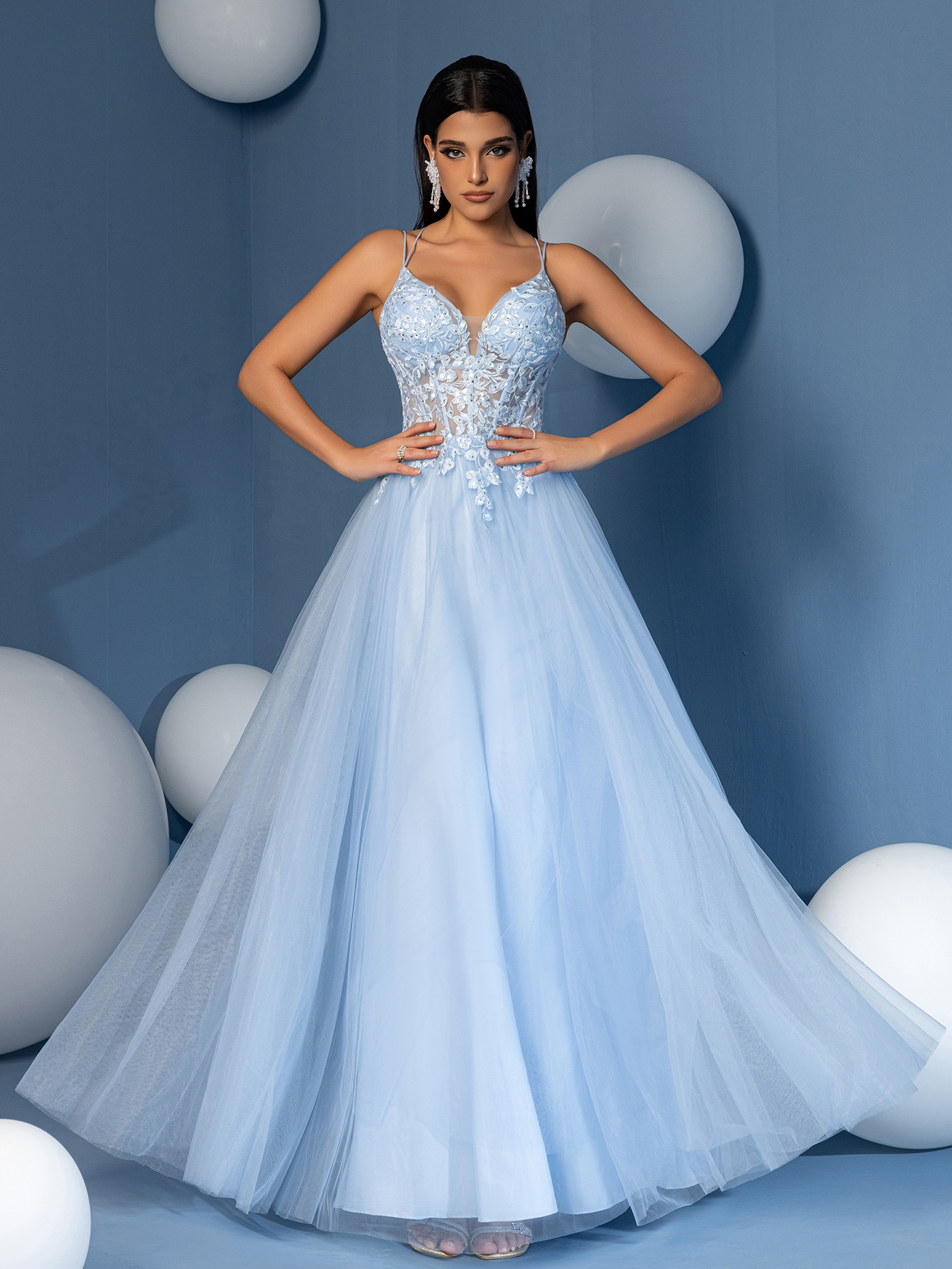 Modecrush A Line Sweetheart Neck Applique Evening Prom Dress Spaghetti Tulle Lace Up Party Dress