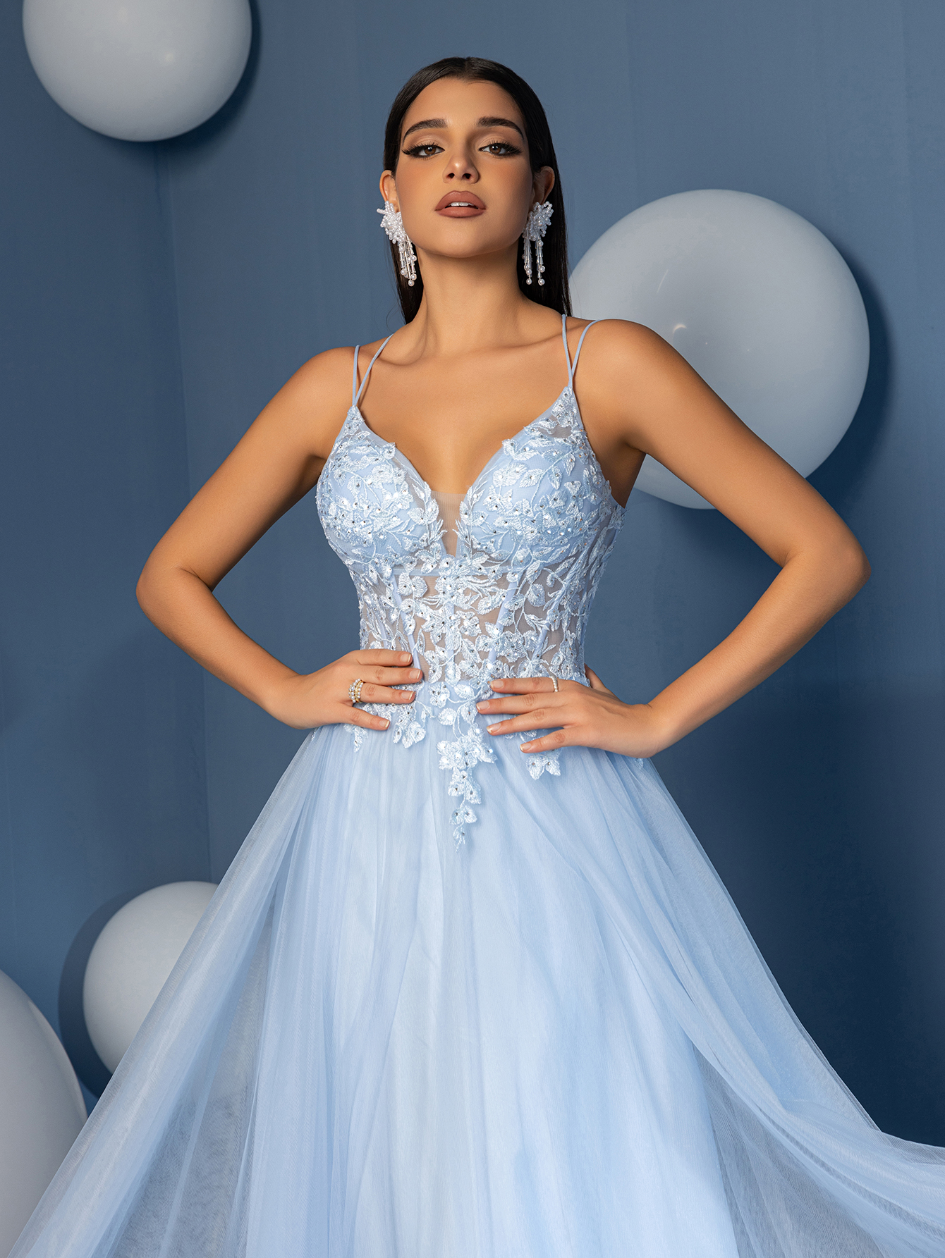 Modecrush A Line Sweetheart Neck Applique Evening Prom Dress Spaghetti Tulle Lace Up Party Dress