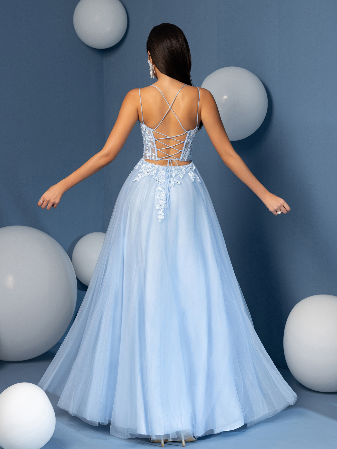 Modecrush A Line Sweetheart Neck Applique Evening Prom Dress Spaghetti Tulle Lace Up Party Dress