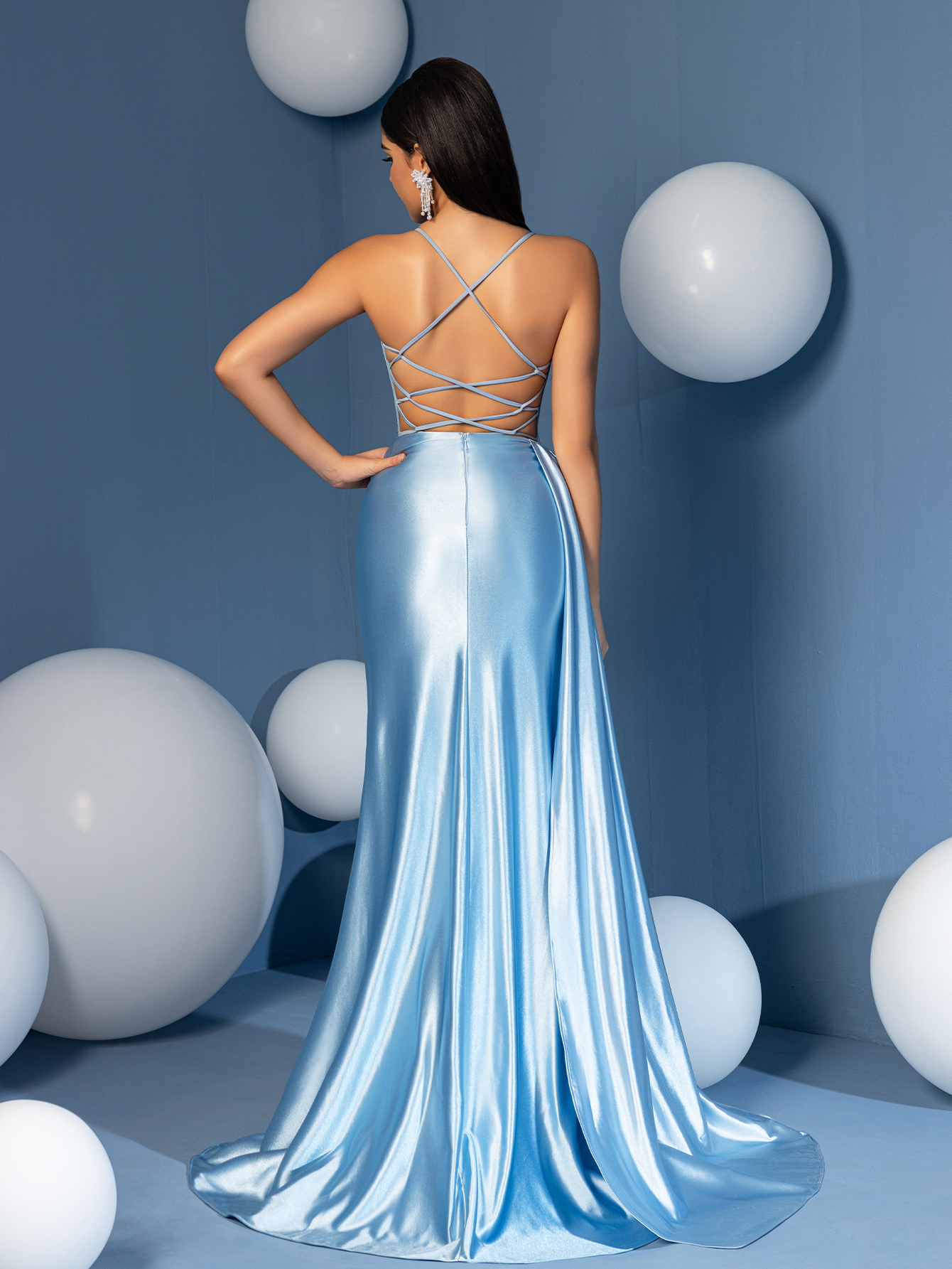 Modecrush Elegant Satin Sequin Patchwork Beaded Prom Dress with Long Fluttering Straps Sexy Column Mesh Waistline Spaghetti Strap V-Neck Evening Dress