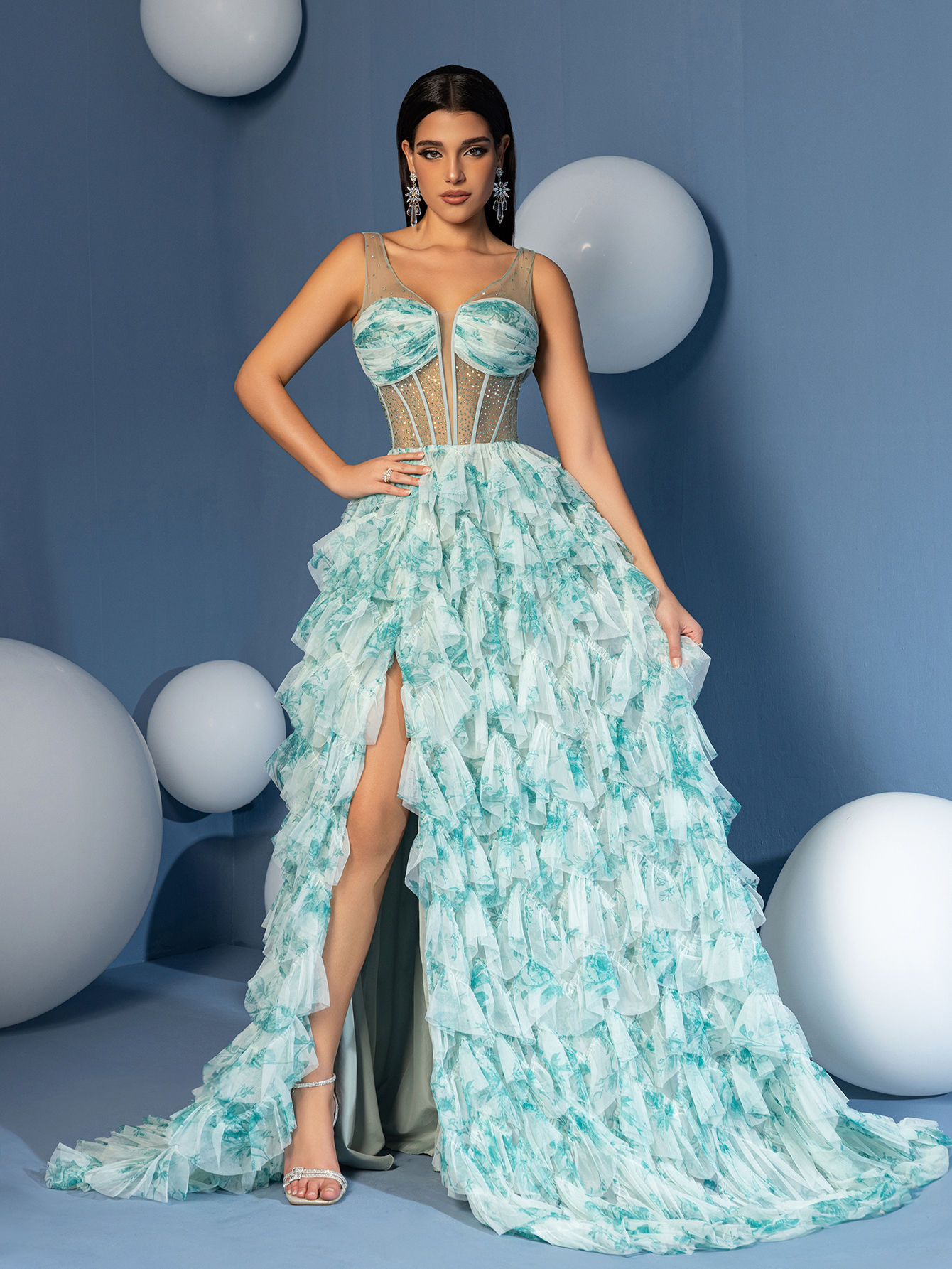 Modecrush A Line Straps See Through Bodices V Neck Cascade Skirt Homecoming Dress