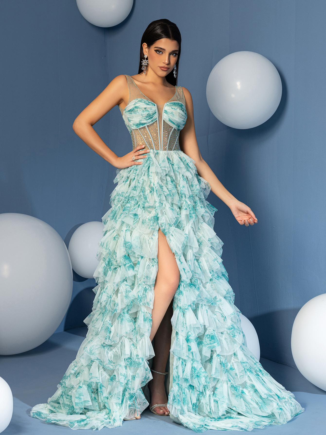 Modecrush A Line Straps See Through Bodices V Neck Cascade Skirt Homecoming Dress