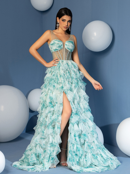 Modecrush A Line Straps See Through Bodices V Neck Cascade Skirt Homecoming Dress