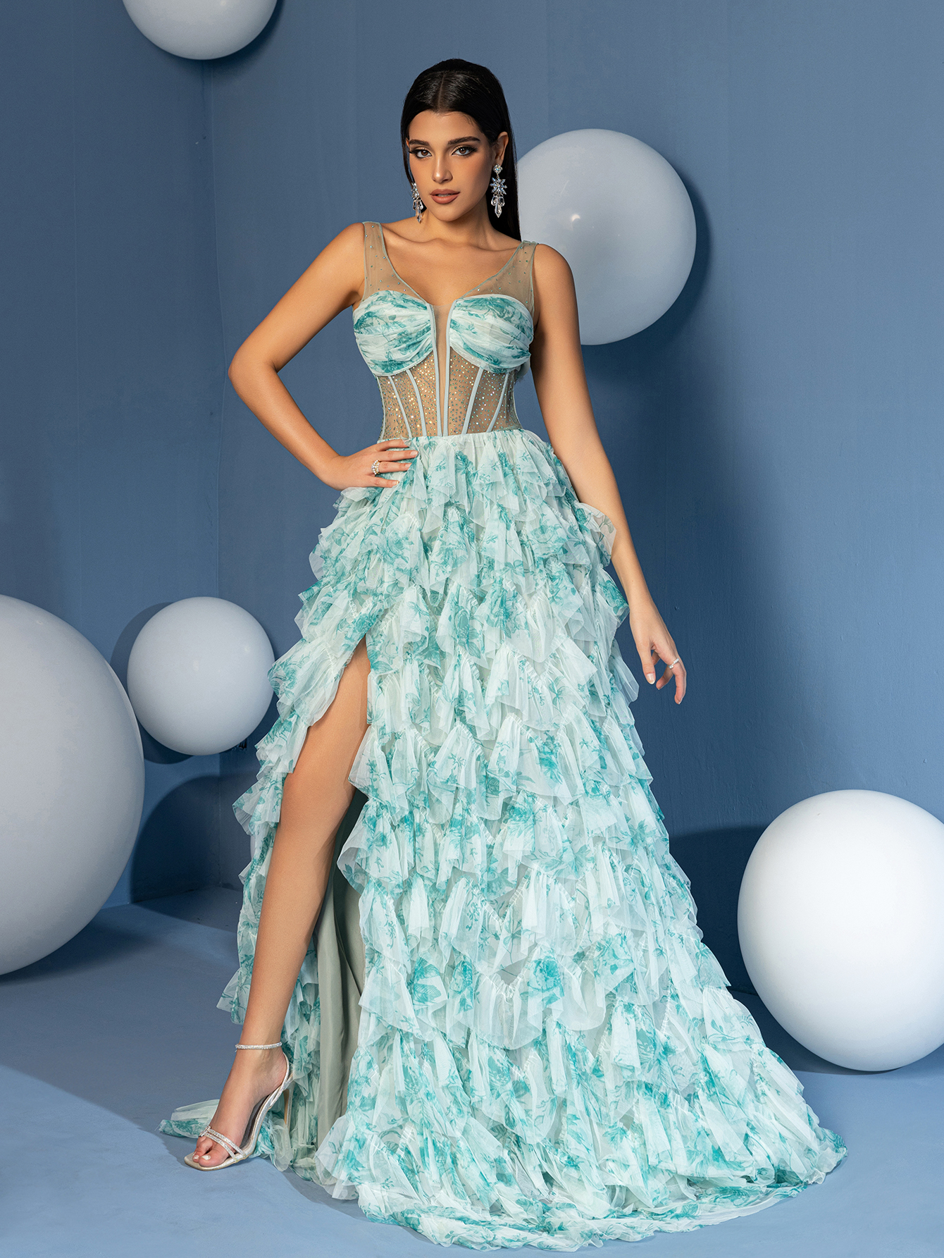 Modecrush A Line Straps See Through Bodices V Neck Cascade Skirt Homecoming Dress