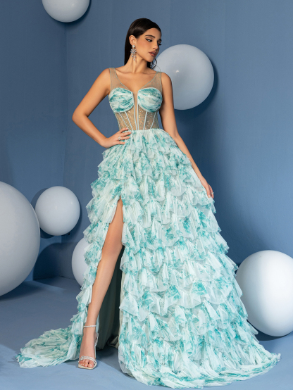 Modecrush A Line Straps See Through Bodices V Neck Cascade Skirt Homecoming Dress