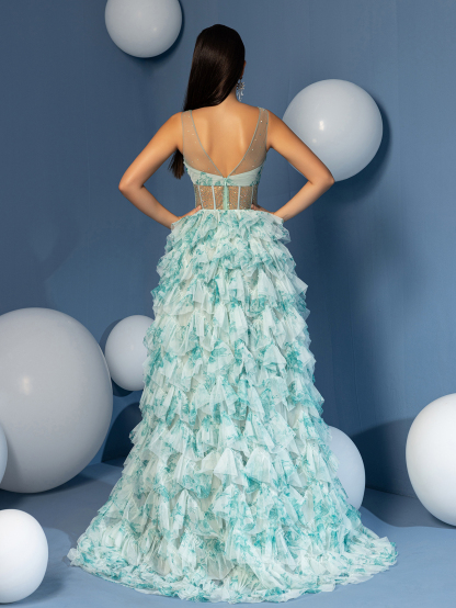 Modecrush A Line Straps See Through Bodices V Neck Cascade Skirt Homecoming Dress