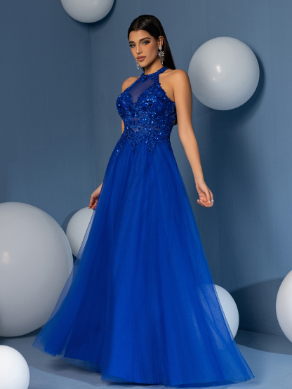 Modecrush beaded Scoop Neck Backless A line Evening Party Dress