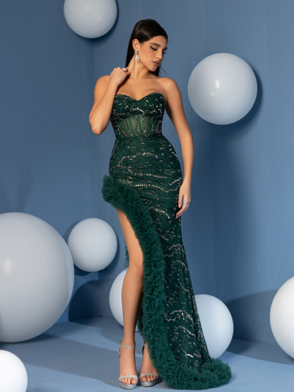Modecrush Strapless Mermaid Evening Dress with Crystal Beading Deep Green Bodycon Formal Dress for Red Carpet, Wedding Ceremony Wedding Guest Dress Party Dress