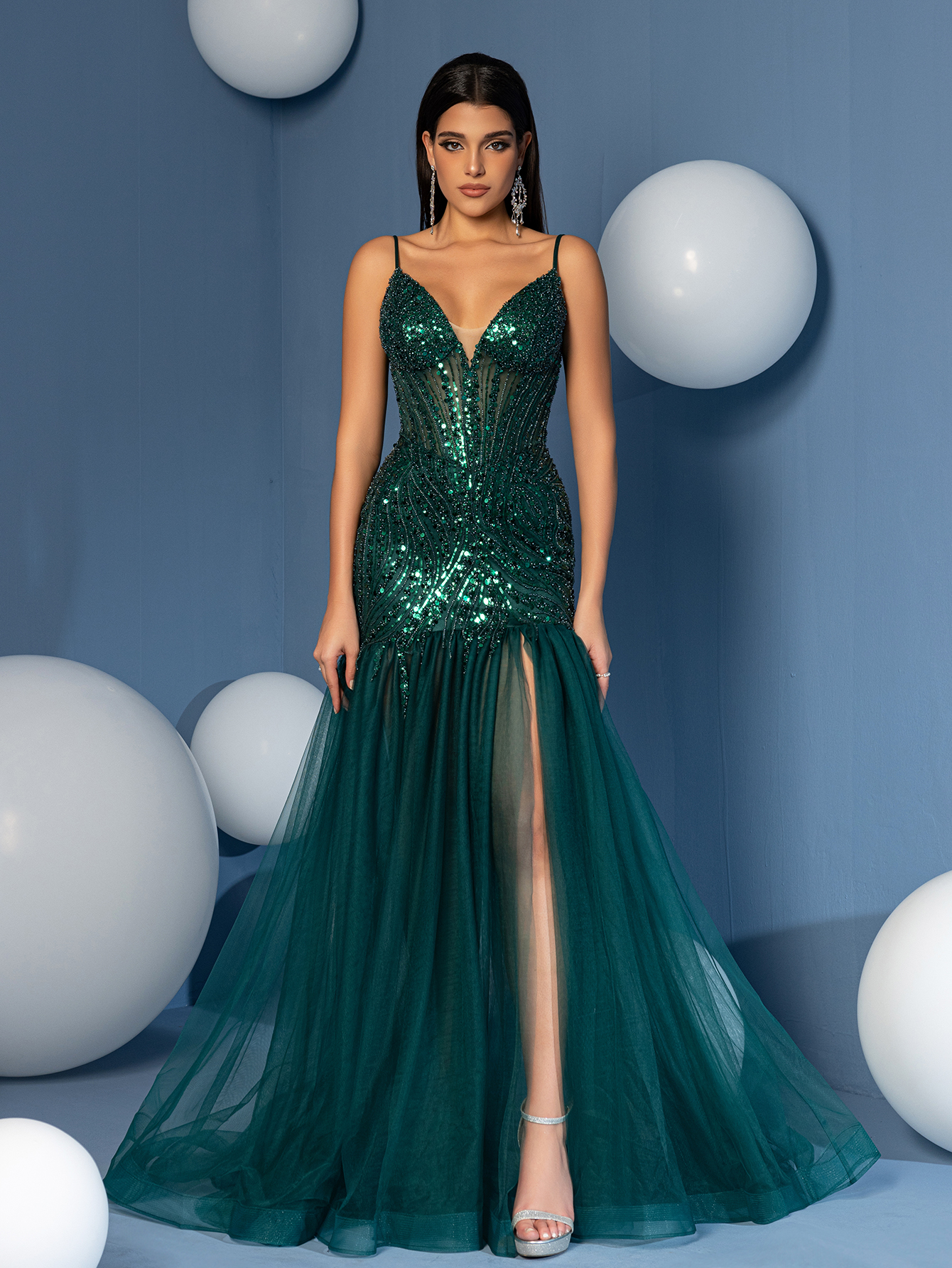 Modecrush Deep V Neck Spaghetti Mermaid Prom Dress