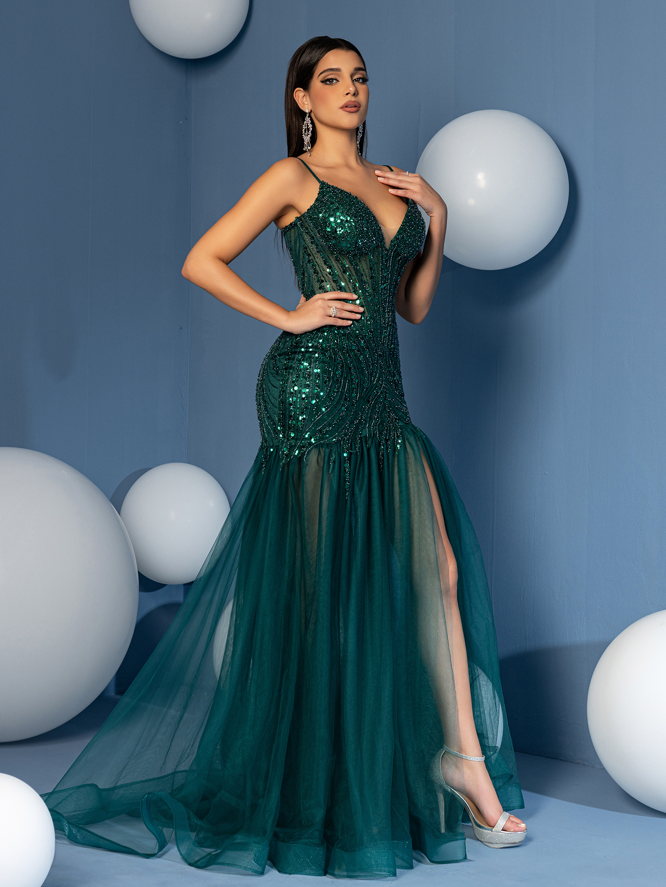 Modecrush Deep V Neck Spaghetti Mermaid Prom Dress