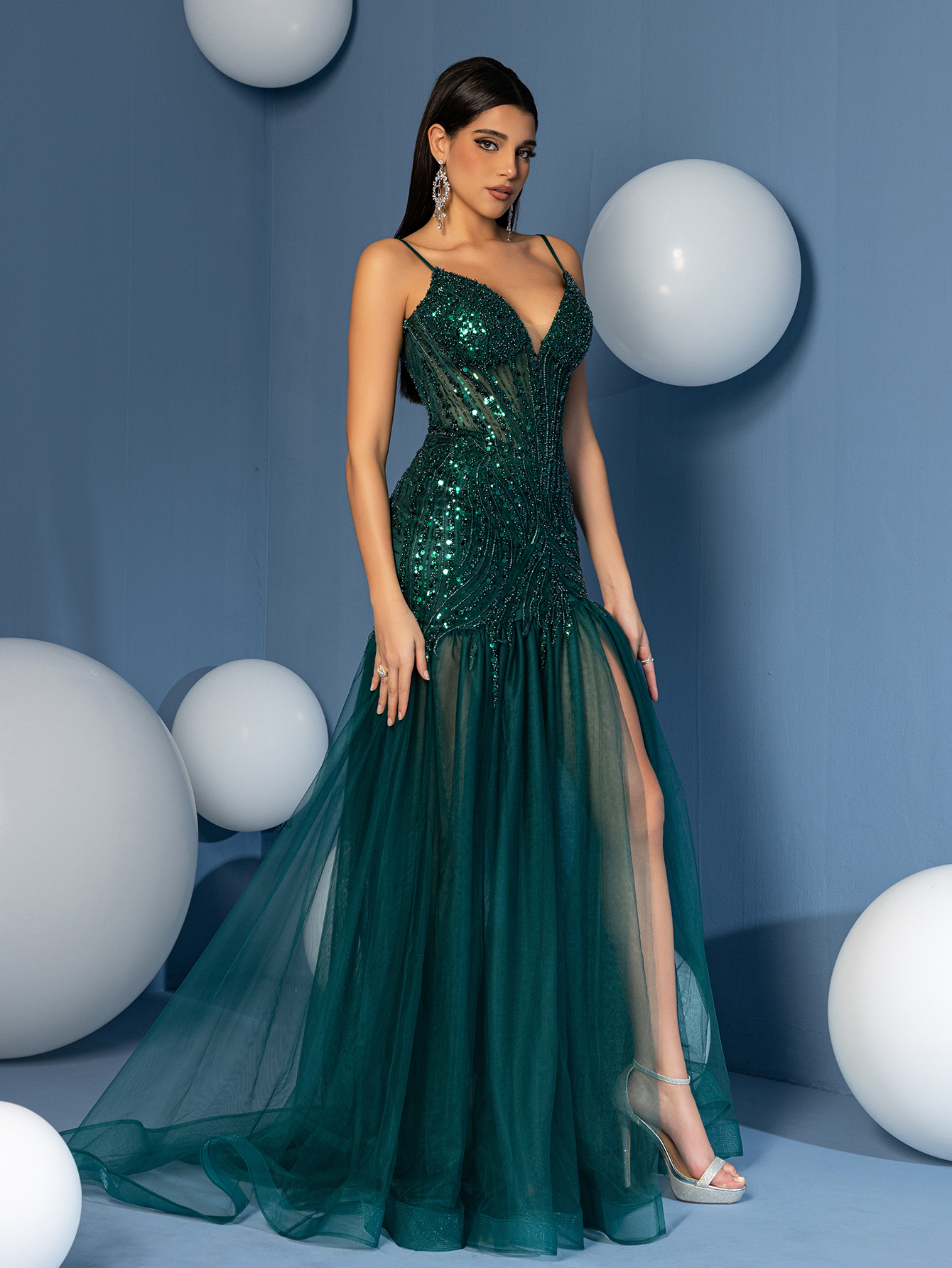 Modecrush Deep V Neck Spaghetti Mermaid Prom Dress